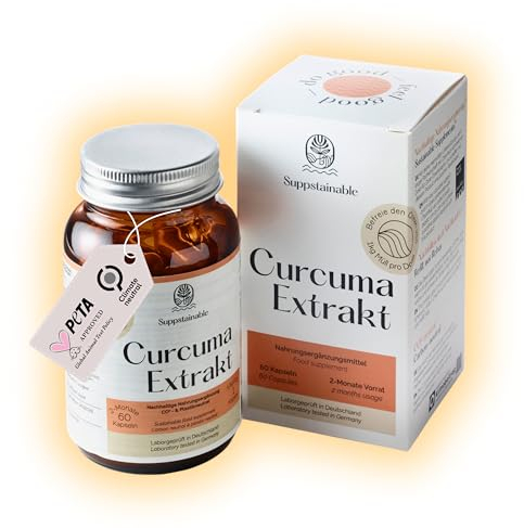 Suppstainable 60 Kurkuma Kapseln 10.000mg Kurkumin hochdosiert - Curcuma Kapseln hochdosiert Curcumin - Turmeric Capsules - Tumeric Kapseln hochkonzentriert - Kurkuma-Kapseln Cucumakapseln cucrma