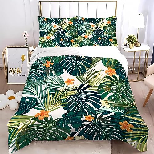 SMchwbc Bed Linen 135 x 200 cm Tropical Leaves Green White Palm Leaves Duvet Cover Set, 3D Print Plants Bedding Set, Tropical Monstera Leaves Duvet Cover and Pillowcase (200 x 200 cm, 1)
