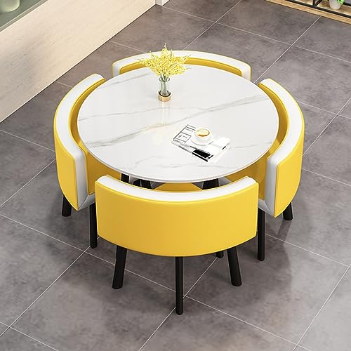 Esstisch Set, Runder Büro-Empfangstisch, Bürotisch und Stuhl-Set, kleiner Konferenztisch, platzsparender Konferenztisch, Esstisch, für Zuhause, Wohnzimmer, Balkon, Café, Pausenraum, Büro, Felsplatte (