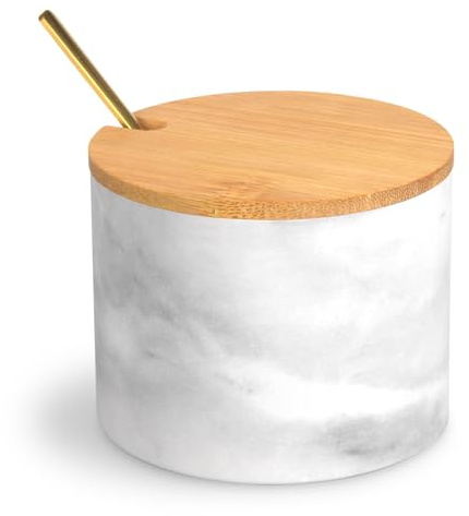 HESHIBI Caja de mármol para salero con tapa de bambú y cuchara de metal, moderna piedra gris claro, sal o pimienta, azúcar, especias, condimentos, recipiente para tarros, recipiente para porros, para
