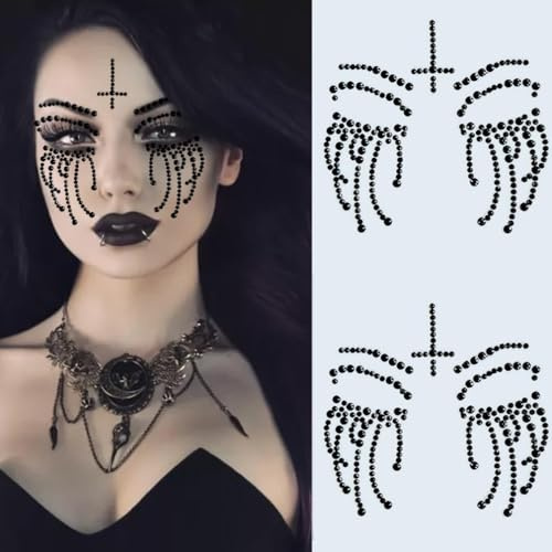 Aufkleber Gesicht Glitzersteine 2 Stück Strasssteine Hexe Tattoo Selbstklebend Schwarz Face Jewels Gesichtsaufkleber für Halloween, Karneval, Tag der Toten, Kostümfeste Make-up