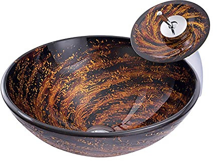 VNNHGB Badezimmer-Waschbecken mit Wasserhahn und Abfluss, Kombi-Waschbecken, Aufsatzwaschbecken aus gehärtetem Glas, rundes Aufsatzwaschbecken, Kunstwaschbecken, Dicke 12 cm