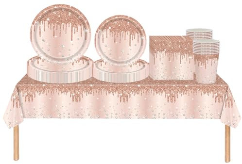 69 pièces Or Rose Brillant Strass Jetables Party Vaisselle Set, Papier Tasses Serviettesr Assiettes Set, pour Barbecue les Fêtes les Pique-niques Enfants Adultes Anniversaire Mariages et Noël