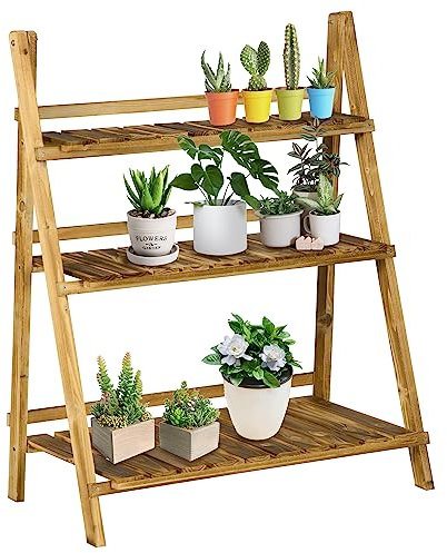Outsunny Soporte para Plantas de Madera de 3 Niveles Estantería para Plantas Plegable Soporte para Macetas para Interior y Exterior Terraza Jardín Balcón 80x37x93 cm Natural