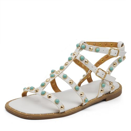 IF Fashion Scarpe Sandali Infradito Gladiatore Stivali Estivi da Donna Con Borchie e Pietre Colorate Pelle Sintetica PY8 Bianco N.39