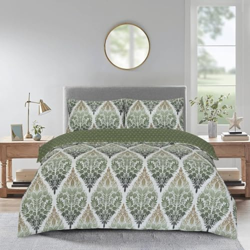 4-Piece Complete Bedding Set – Reversible Polycotton Duvet Cover with Fitted Sheet & Pillowcases Single, Double, King & Superking (Leaf Green, King)