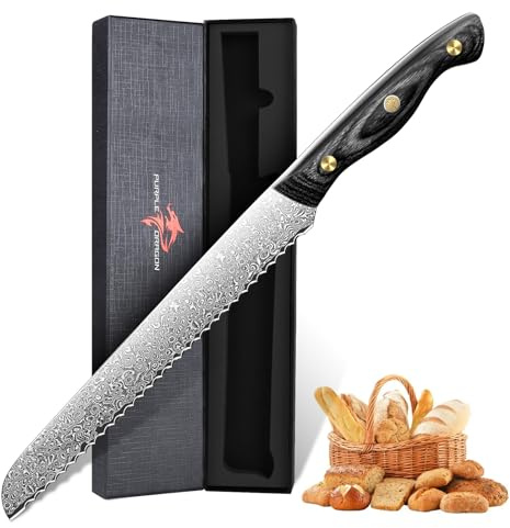 Purple Dragon Coltello da Pane in Acciaio Damasco con Lama Ondulata Coltello da Pane a Sega con Nucleo VG10 Coltello per Pomodoro con Maniglia in Legno per Pane Lievito Madre Baguette e Sandwich