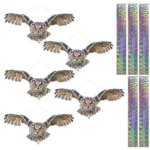 Lifreer 5 pz uccello spaventoso falco gufo finto, gufo riflettente decorazione da appendere, doppio lato stampato raster falco finto aquila per tenere gli uccelli lontani da patio, giardino, finestre