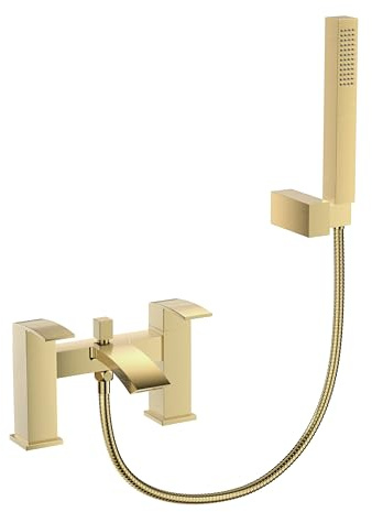 VeeBath Tidal Mitigeur bain/douche carré avec kit – Finition laiton brossé, double levier, robinet de baignoire moderne avec pomme de douche carrée, montage sur plateau, design contemporain pour