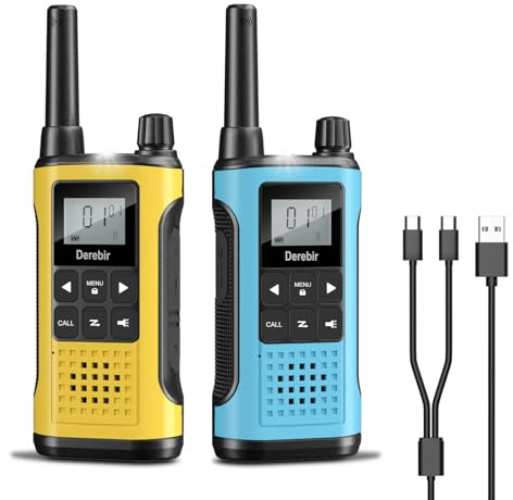 Walkie-talkie Derebir a lungo raggio per adulti-Confezione da 2, walkie-talkie ricaricabili a 16 canali con batteria agli ioni di litio da 1500 mAh, VOX, torcia elettrica per escursionismo e campeggio