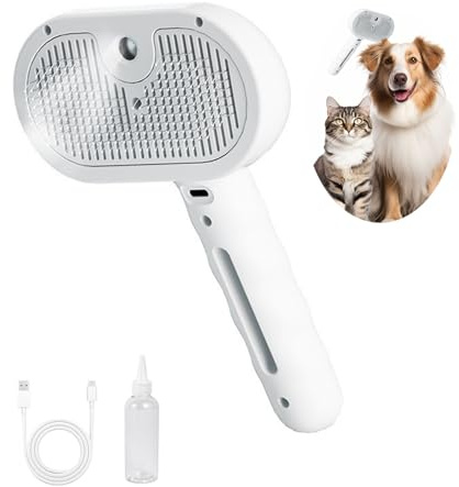 Pet Grooming Brush with Steam and Spray - Hair Removal Comb for Cats and Dogs with Water Tank and Mist Release Stainless Steel Teeth and Ergonomic Handle for Shedding and Grooming(White)