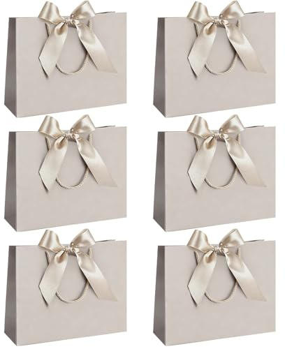 Geschenktaschen mit Krawatte, 6 Stück Geschenktüten aus Papier, Groß Geschenkbeutel Papiertüten zum Einkaufen von Kleidung, Elegant Einkaufstasche Hochzeit Weihnachten Halloween, 28*20*10cm (Sekt)