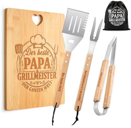 Yaryang Papa, 5 Stück Grillset, Edelstahlgriff | Graviertes Schneidebrett, Grillbesteck und Aufbewahrungsbeutel, Papa Geschenk Geburtstag, Geburtstagsgeschenk für Männer