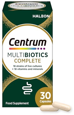 Centrum Multibiotics Complete Capsules, probiotic 18 Live Culture strains with multivitamin, 18 Essential Vitamins and Minerals Including Vitamin D, B12, Zinc and Iodine, 30 Capsules