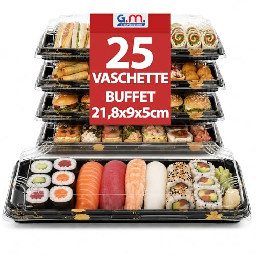 G.M. DISTRIBUZIONE GM 25 Vaschette Sushi 21,8x9x5 cm con Coperchio Trasparente, Base con Decoro, Contenitori per Sushi, Sashimi, Buffet, Aperitivi e Take Away