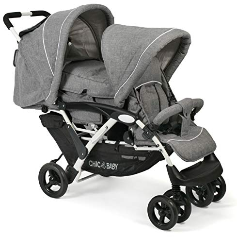 CHIC 4 BABY - Geschwisterwagen DUO mit Tragetasche und Regenschutz, Geschwisterkinderwagen für zwei Kinder, Zwillingswagen, Zwillingsbuggy, Tandemkinderwagen, Tandembuggy, Kinderwagen, Jeans grau