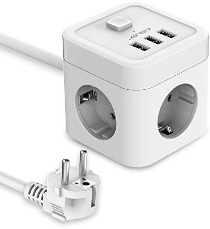 JSVER Cube Enchufe USB con 3 Puertos de USB y 3 Tomas 3680W 16A Regleta Enchufe Alargador Multiple Carga para Samsung iPad iPhone Tablets - Cable 1,5 m Blanco