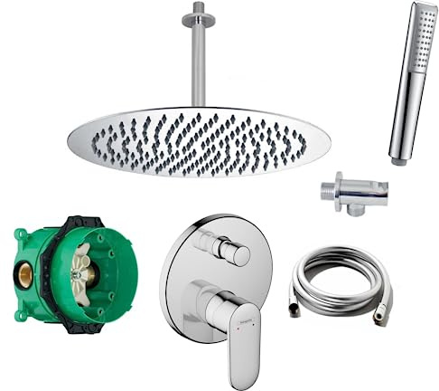 vanvilla Duschsystem Unterputz mit Duscharmatur Hansgrohe poliert HG25 | Duscharmatur von Hansgrohe Vernis Blend Einhebelmischer und vanvilla Regendusche Duschkopf rund, Dusch-SET poliert