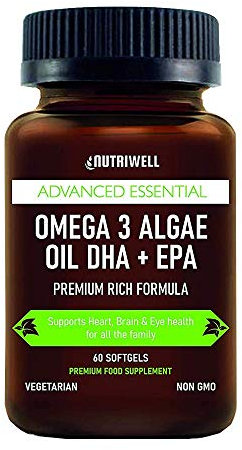 Vegan Omega 3, High Strength Algae Oil, DHA + EPA, 60 Softgel Capsules, Plant Based, Supports Heart, Brain, Joint & Eye Health, Halal & Kosher - Made in The UK by Nutri Well