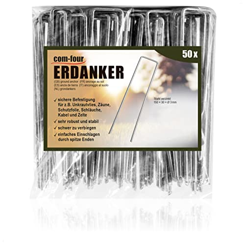 COM-FOUR® 50x Ground anchors made of coated steel - Robust ground pegs for fastening weed fleece and foils - Ground anchors for garden and camping (050 pieces - 150x30x3mm)