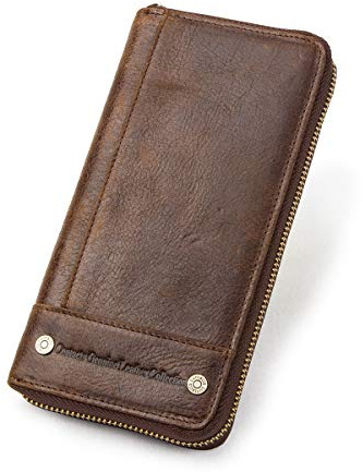 Contacts - Portafoglio lungo da uomo in vera pelle con cerniera, porta telefono, portamonete, porta carte, organizer con chiusura a conchiglia, Caff, Taglia libera, Vintage