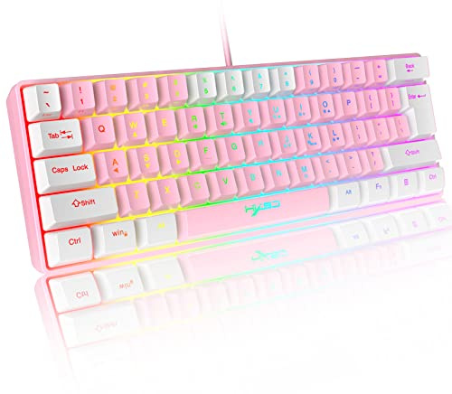 60% Clavier de jeu RVB filaire, Clavier compact 61 touches avec rétroéclairage 11 Chroma RVB, touches flottantes ABS, touches anti-ghosting complètes, clavier USB mécanique pour PC Windows Rose Blanc