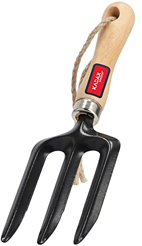 KADAX kleine Blumengabel aus Metall, Grabegabel mit bequemem Holzgriff, Gartengabel, Grabeforke, Gartenforke mit abgerundeten Ränder, Gartengeräte (3 Zinken, Schwarz)