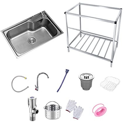 Rostfreie 304 Edelstahl Spülbecken Komplettspüle mit Wasserhahn Küchenspüle Einzelbecken mit einem Lagerregal Spülbecken Organizer für Außen, Innen, Küche, Restaurant (70 * 46 * 75cm)