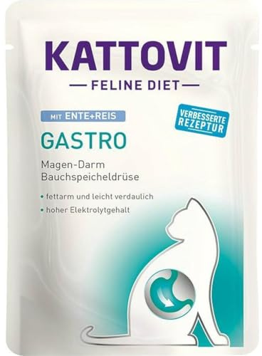 KATTOVIT Gastro Canard + Riz | Nourriture diététique pour Chat | 85 g | Nourriture Humide pour Chats en Cas de problèmes digestifs |