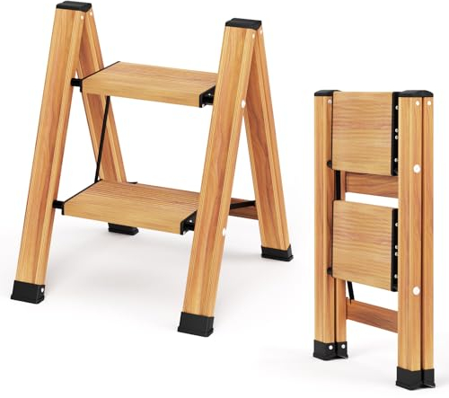 KULACO Scaletta pieghevole a 2 gradini, in alluminio, scala a gradini portatile, scala domestica, antiscivolo, con venature del legno, design per casa e campeggio, portata fino a 150 kg