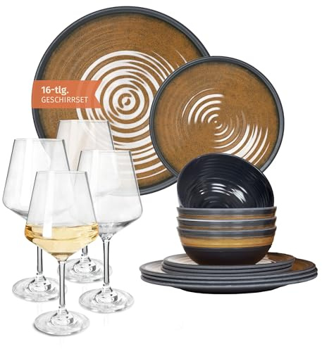 Vaisselle de camping en mélamine pour 4 personnes Stone Curry + 4 verres à vin Milano blancs