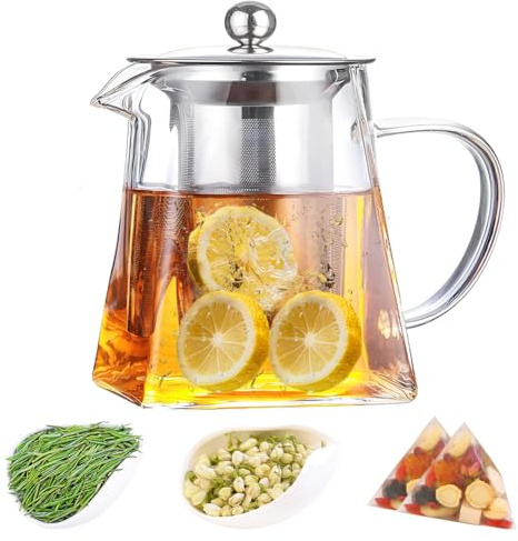 Tetera de Vidrio, Tetera con Infusor de Té Suelto de Acero Inoxidable Extraíble, Tetera de Vidrio Transparente para el Hogar y la Oficina(550ml/18.5oz)