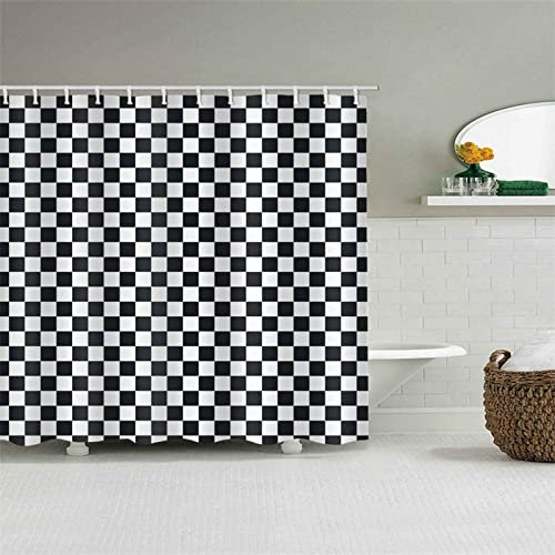 INAAYO 3D Duschvorhang 240x200 Schwarz-Weiß Kariert Duschvorhänge Antischimmel Wasserdicht Badevorhang Schwarz-Weiß Kariert Duschrollo für Badewanne Dusche Shower Curtains, 12 Duschvorhang Ringe