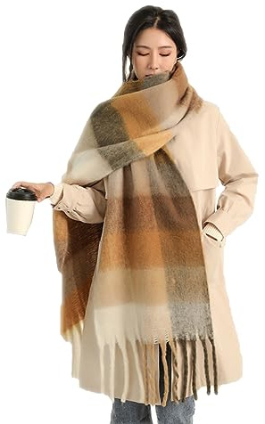 Wambere Damen Schal, Kariert übergroßer Winter SchaltuchKaro Schultertuch Plaid Deckenschal Modeschal Weich Warm Strickschal Oversized Herbstschal Warme Winter Stola mehrfarbig,Kamelgelb