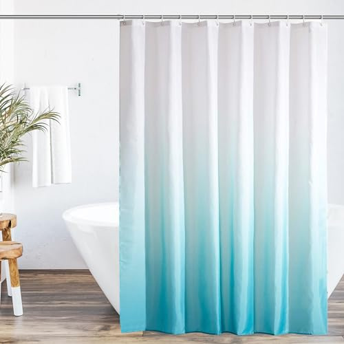 WELTRXE Shower Curtains For Bathroom, Gradient Cyan 180x180cm Shower Curtain Set With 12 Hooks, Weighted Hem, Water Resistant Quick Dry Polyester Bathtub Tub Curtain,Mould & Mildew Resistant, Washable