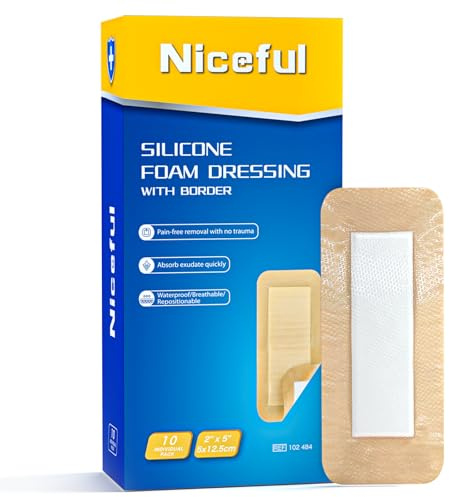 Niceful 10 Pcs Silicone Foam Dressing 2 x 5 - Ultra Soft Waterproof Silicone Bandages with Adhesive Border, Highly Absorbent Foam Dressing for Bed Sores, Leg Ulcers