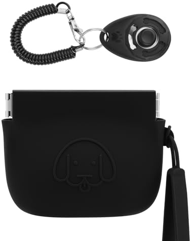 FIDWALL Leckerlibeutel aus Silikon für Hunde, automatischer Verschluss, mit Clicker für Hunde, Spaziergänge für Haustiere für Hunde und Katzen, Taschengröße, leicht zu reinigen, Reisetasche, Schwarz