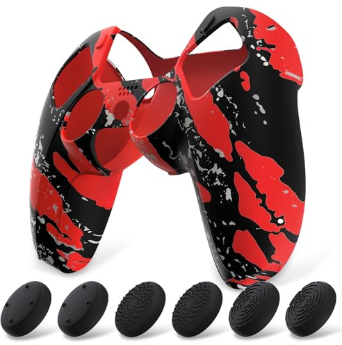 PlayVital Halkskydd i Silikon för ps5 Kontroller Grips Fodral | med 6 Tumgreppskåpor,Pure Series Dockningsbar Modell Case Cover för ps5 Laddningsstation-Rött Stänk