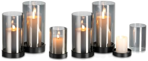 Glasseam Vindljus glas ljushållare: uppsättning om 6 stora svarta ljusstakar glascylindrar för blockljus modern – för utomhus, trädgård, vardagsrumsdekoration