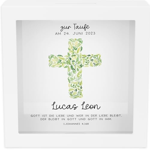 Generisch kleinebuchstaben® Spardose Taufe Name personalisiert Holz mit Namen zur Geburt Kommunion Konfirmation für Jungs Mädchen mit Taufspruch und als Geldgeschenk – Taufgeschenk (Kreuz Grün)