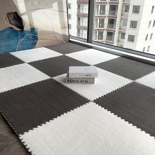 LULUMAIC 10 Stück weiche Puzzle-Schaum-Bodenmatte, quadratische ineinandergreifende Teppichfliesen, Plüsch-Spielmatte, Spielzimmer, Schlafzimmer, 30,5 und 61 cm (grau + weiß, 61 x 61 x 0,6 cm)