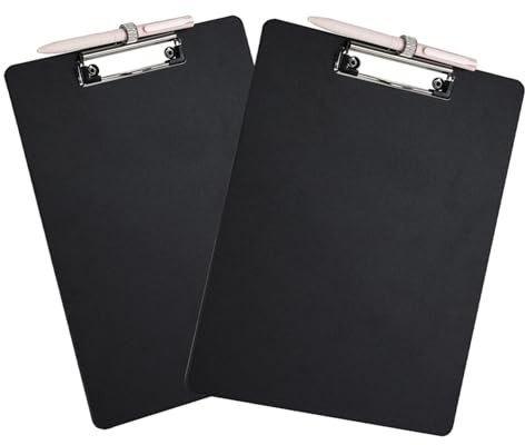 DoocliB Klemmbrett A4, 2 Stück Schreibbrett mit Stifthalter im DIN A4, Clipboard zum Aufhängen, Klemmer zur Aufbewahrung von Papier für Büro, Küche, Werkstatt(Schwarz)