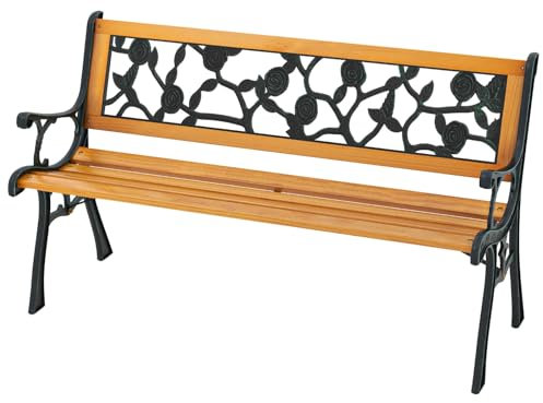 Giantex Banc Extérieur Jardin pour 3 Personnes, Banc de Jardin en Bois avec Accoudoirs Incurvés, Banc Extérieur avec Dossier Exquis et Motif de Fleur (Plat)
