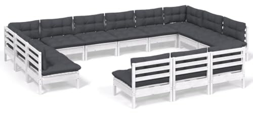 WEMYUFURN 13-TLG. Garten-Lounge-Set mit Kissen Weiß Kiefer Massivholz, Outdoor-Sitzgruppe, Terrassen-Lounge-Set, Garten-Couchgarnitur - Wetterbeständig, Komfortabel - für Terrasse, Garten und Balkon