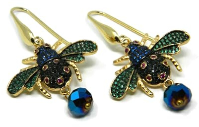 DodiGioielli Pendientes con Colgantes en Forma de Abeja, Circonitas Verdes, Azules, Negras, Fucsias y Bolas de Cristal Azul, Plata 925 Bañada en Oro
