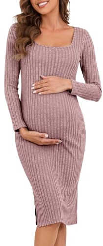 LAHILO Abito Maglione Premaman a Maniche Lunghe per Autunno Inverno, Vestito Premaman Aderente in Maglia a Coste, S