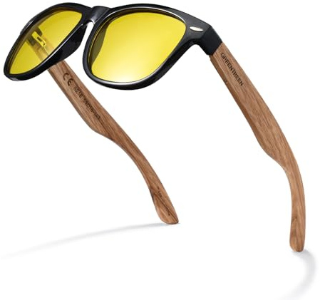 GREENTREEN Lunettes de Soleil en Bois pour Hommes: Lunettes Conduite de Nuit Avec Lunette Verre Jaune - Cadre PC Léger et Lentilles TAC - Idéales pour Conduire - Protection UV400 - Non Polarisées