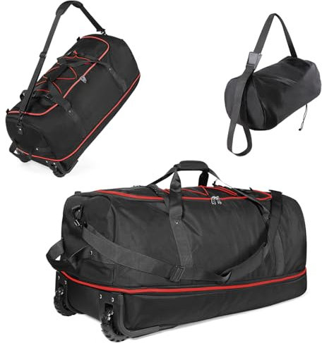 Vomgomfom 32“ Soft-Sided Zusammenklappbar Reisetasche auf Rädern, 110L erweiterbar 140L Rollende Sporttasche mit Passender Aufbewahrungstasche, Schwarz-Rood