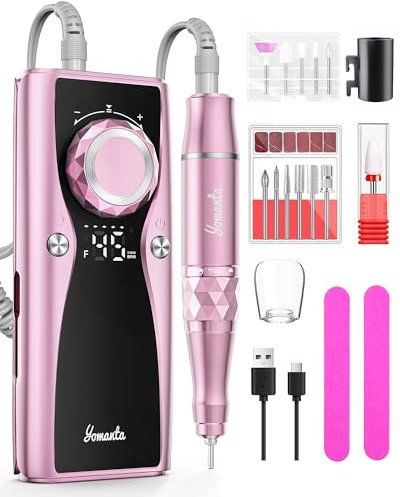 yomanta Torno para Uñas Profesional eléctrica 45000 RPM, USBrecargable, 10 Hduración de la batería con 12 bits, fresa de uñas para uñas de gel, pantalla LCD, dirección de rotación ajustable,Rosa