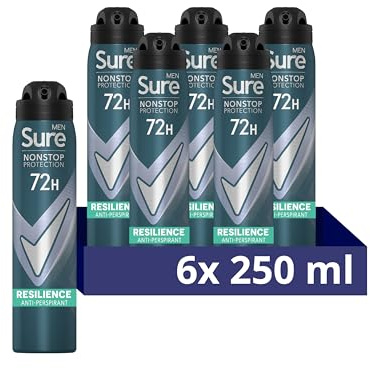 Sure Men Nonstop Protection Resilience Deodorant Body Spray Antiperspirant with body heat activated technology for 72 hour protection against odour and sweat 250 ml, Pack of 6